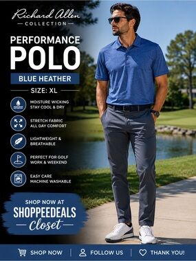 Richard Allen Collection Men’s Performance Polo Shirt - Blue Heather - XL